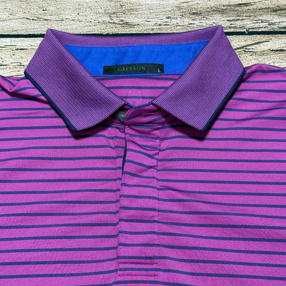 Greyson Polo Shirt Mens Large Purple Striped Golf Performance Short Sleeve Logo